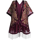 WeHello Women's Burnout Velvet Robe Cover Up Handmade Fringe Kimono