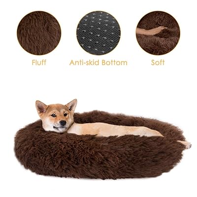 SlowTon Dog Calming Bed, Ultra Soft Donut Cuddler Nest Warm Plush Dog Cat Cushion with Cozy Sponge Non-Slip Bottom for Small Medium Pets Snooze Calm Sleeping Indoor, Machine Washable