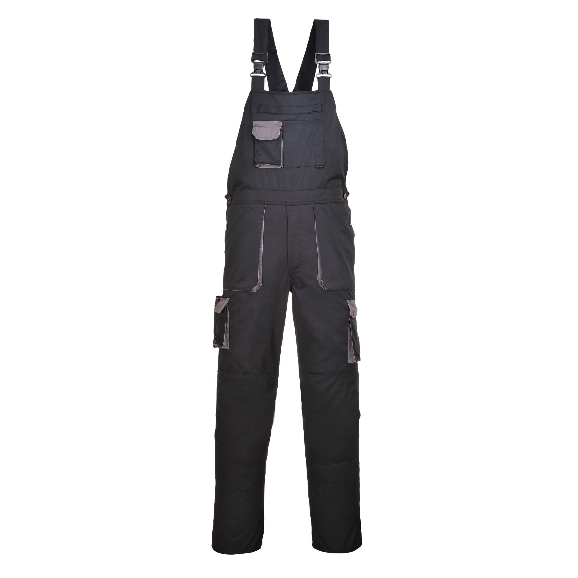 Portwest TX12 Men's Texo Contrast Bib and Brace Work Overalls Workwear Dungarees with Storage Knee Pad Pockets Adjustable Fit Elasticated Back, Black, 4XL