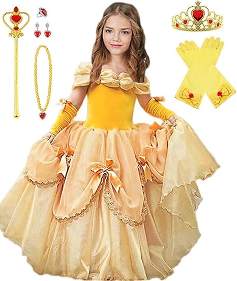 Amazon Tyhtym ベルドレス 衣装 アームカバー ティアラなど 8点セット 子供用 ワンピース プリンセスなりきり キッズコスチューム 6層構造 ふんわり キッズドレス 女の子 童話 誕生日会 キャラクター ハロウィン クリスマス パーティー コスプレ 100 140 100 ベル