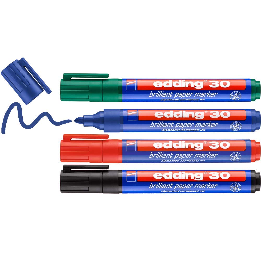 edding 30 brilliant paper marker - black, red, blue, green - 4 waterproof permanent markers - round nib 1.5-3 mm - vibrant colours - lightfast marking on paper, card, cardboard, plastic, metal, glass