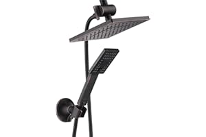 BRIGHT SHOWERS Rain Shower Head with Handheld Spray, 8 Inch Rainfall Shower Head Combo with 60" Hose, Adjustable Dual Square Showerhead Set with 3-Way Diverter, Wall Bracket, Oil-Rubbed Bronze