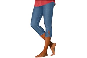 Fake Capri Jeans for Women Pull On Jeggings Tummy Control Yoga Capris Stretchy Causal Denim Print Cropped Pants