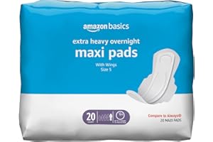 Amazon Basics Thick Maxi Pads with Wings for Periods - Extra Heavy Overnight Absorbency, Unscented, Size 5, 20 Count (Previously Solimo)
