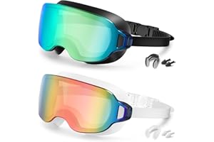 Aegend Swim Goggles Adults, 2 Pack Frameless Wide View Swimming Goggles Cover(Black/Iridescent Gold Plated + White/Iridescent