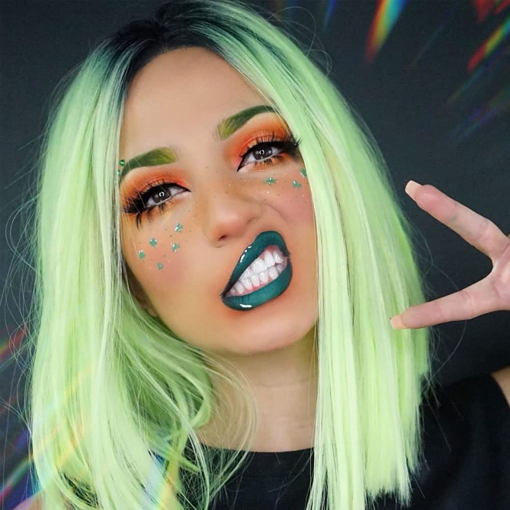 AFBeauty Ombre Green Bob Wig Dark Roots Straight Synthetic Lace Front Fluorescent Green Short Wigs High Temperature Fiber Gluless Shoulder Length Female Party Wig