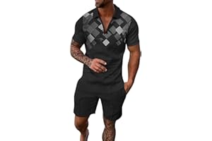 Mens 2 Piece Outfit 3D Graphic Print Short Sleeve Zip Polo Shirt and Shorts Set Casual Jogging Suit Streetwear for Summer