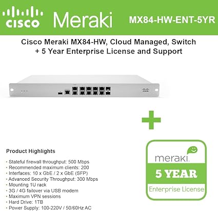 Amazon Com Cisco Meraki Mx84 Security Appliance Bundle 500mbps Fw 10xgbe 2xgbe Sfp Ports With 5 Years Enterprise License Computers Accessories
