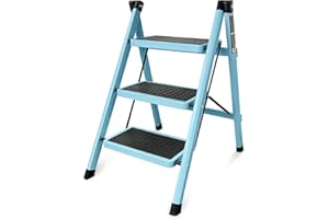 Krightlink Step Ladder, Folding Step Stool with Wide Platform Steps, Portable Folding Heavy-Duty Steel Sturdy Ladder for Adults Multi-Use for Home and Kitchen - Blue (3 Step)