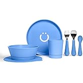 Ubbi Toddler Feeding Set, 7-Piece, Plate, Bowl, Cup + Baby & Toddler Stainless Steel Utensils, Interchangeable Suction Base, BPA-Free Dishwasher Safe, Self-Feeding for Baby-Led Weaning, Polaris Blue