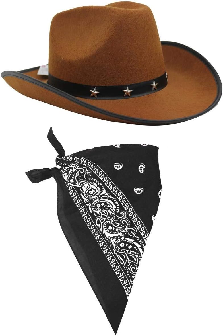ILOVEFANCYDRESS COWBOY FANCY DRESS ACCESSORY SET COSTUME BROWN STAR STUDDED COWBOY HAT & COLOURED BLACK PAISLEY BANDANA WILD WEST WESTERN SHERIFF BANDANNA (BLACK BANDANA - PACK OF 12)