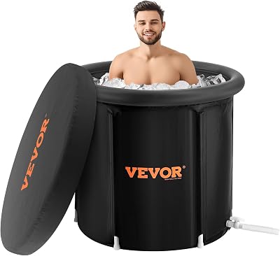 VEVOR 850 x 750 mm Banheira de Gelo para Terapia de Água Fria para Atletas, Piscina de Imersão Exterior Portátil com Barril de Gelo para Recuperação, 330 L com Cobertura, Preto