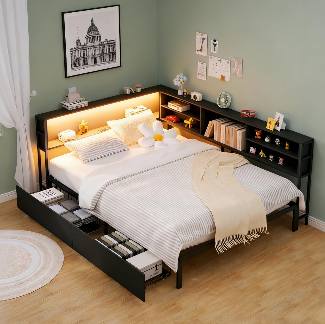 Photo 1 of ***FINAL SALE, SOLD AS PARTS ONLY*** Bellemave Full Corner Bed Frame with Storage, Full Captains Bed with Charging Station, LED Light, Wood Daybeds with L-Shaped Bookcase and 2 Drawers, Black