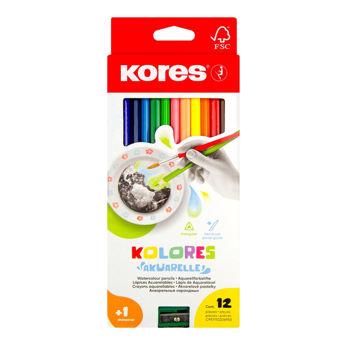 Kores - Akuarelle: 12 Watercolour Pencils for Kids, Beginners and Adults with Soft Lead and Triangular Shape, School and Art Supplies, Set of 12 Assorted Colours with Sharpener and Brush Included