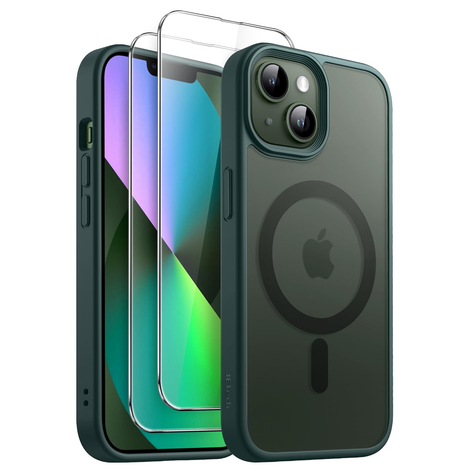 JETech 3 in 1 Magnetic Case for iPhone 13 mini 5.4-Inch with 2 Pack Tempered Glass Screen Protectors, Compatible with MagSafe, Translucent Matte Back Shockproof Phone Cover (Dark Green)