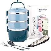 SANQIAHOME 3 Tier Stackable Stainless Steel Lunch Box Sealed(blue, 3 layers) with spoon and fork