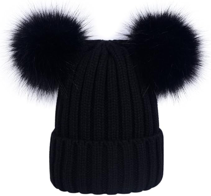 Lausons Women S Warm Winter Ribbed Knit Bobble Hat With Black Faux Fur Double Pom Pom Beanie Amazon Co Uk Clothing