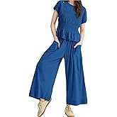 KCVVA Womens 2 Piece Smocked Top Wide-Leg Pants Set Boho Outfits With Pockets Casual Ruffle High-Waisted Matching