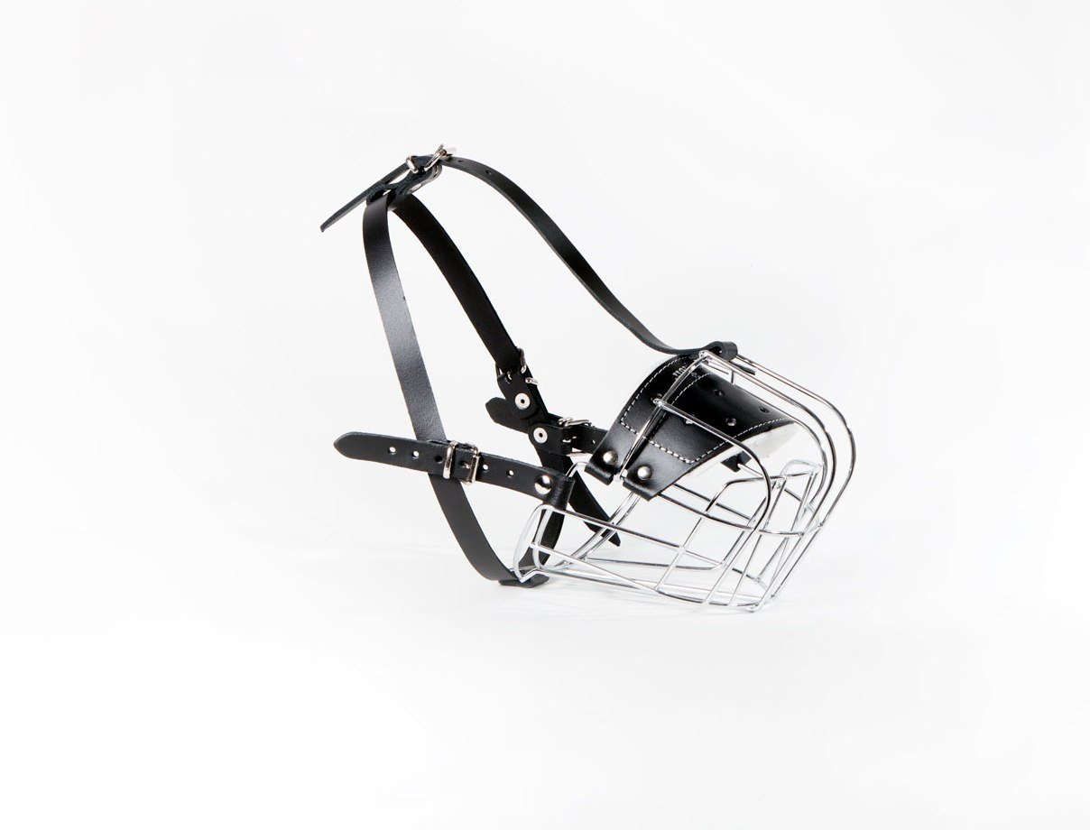 STRONG Wire Metal muzzle Basket Dog Muzzle Rottweiler,Mastiff Golden Retriever & other (R1, Silver/Black Leather)