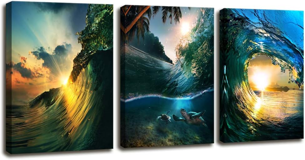 Sea Sunset Canvas Wall Art Painting, Sea Water Ocean Wave Pictures Print on Canvas,Modern Abstract Seascape Giclee Artwork Ready to Hang for Living Room Office Bedroom Home Decoration