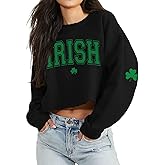 St Patrick's Day Crop Tops for Women Irish Shamrock Graphic Shirt Funny Lucky Clover Long Sleeve T-Shirt Tops