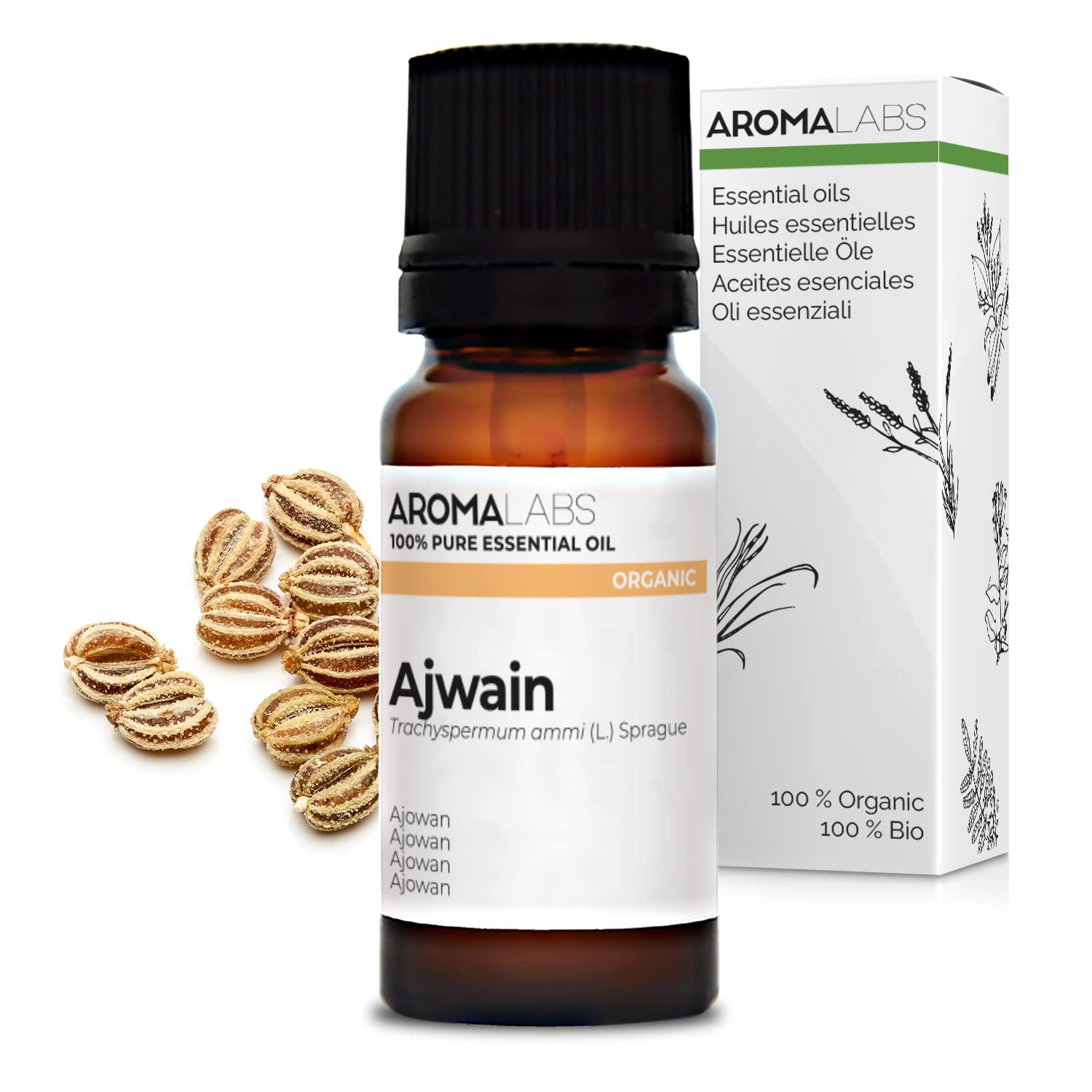 BIO - AJWAIN Essential Oil - 10mL - 100% Pure, Natural, Chemotyped and AB/Cosmos Certified - AROMA LABS (French Brand)