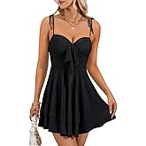 Rooscier Women's Straps Tie Knot Layered Ruffle A Line Sleeveless Ruched Contrast Mesh Mini Dress