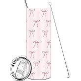 Skylety Coquette Bow Stainless Tumbler with Lid and Straw, 20 oz Pink Bow Travel Coffee Drinking Cup for Women Friend Birthday Gifts