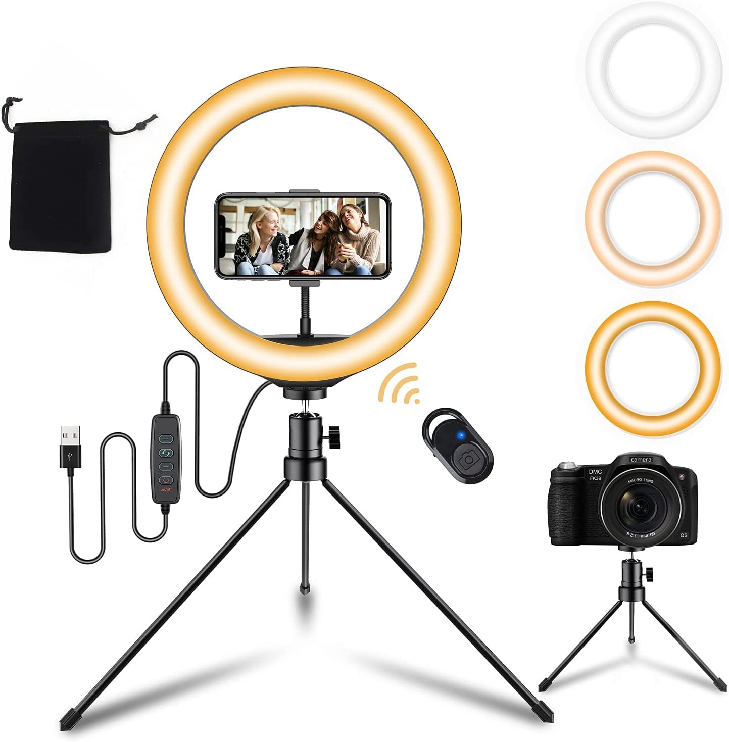 10.2" Desk Ring Light with 3 Colors Model & 10 Brightness Level, Bluetooth Shutter, Tripod & Phone Holder for Video Record, Photography, Makeup Ring Light