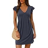 Dokotoo Women's Summer Dresses Beach 2026 Casual Deep V Neck Loose Sundress Ruffle Sleeve Mini Dress