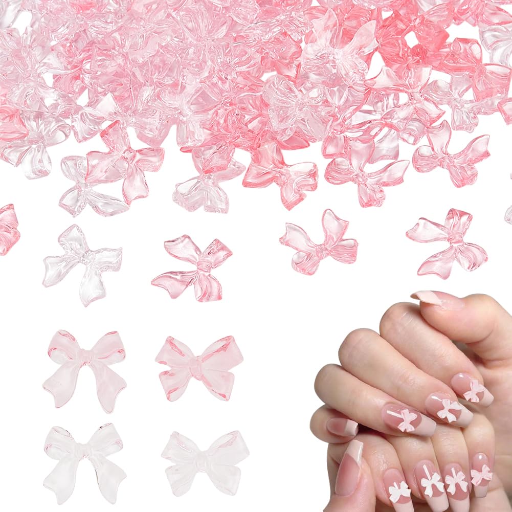 HOBBIESAY 100Pcs Bow Nail Charms 11mm Wide Pink Bowknot Resin Nail Charms 3D Bowknot Nail Decals Nail Charms Mini Cute Bowknots Charms for Nail Art Supplies Manicure Decorations