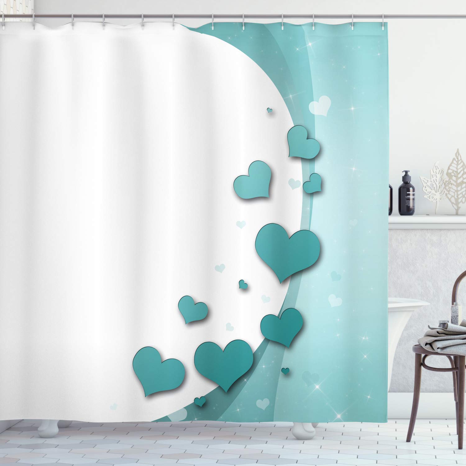 ABAKUHAUS Turquoise Shower Curtain, Valentines Day Romance Art with Hearts Stars Wedding Happiness Theme, Cloth Fabric Bathroom Decor Set with Hooks, 78 Inches, Turquoise Teal White