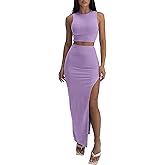ELLEVEN Sexy 2 Piece Maxi Skirt Sets for Women - Knit Bodycon Crop Tank Top and High Slit Skirt Dress Set, Summer Outfits