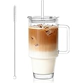 KEMORELA 24 Oz Ribbed Glass Tumblers with Lids and Straws, Tumbler Cup with Handle, Iced Coffee Glassware, Clear Reusable Drinkware for Smoothies and Beverages (1)