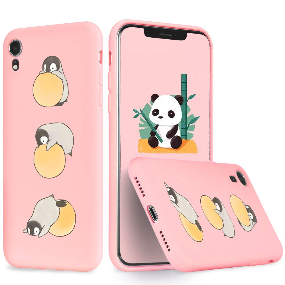 Idocolors Cases for iPhone XR Pink Yoga Penguin Design, Liquid Silicone with Soft Microfiber Cloth Lining Cushion Mobile Phone Case, Slim Bumper Soft Gel Rubber Cover