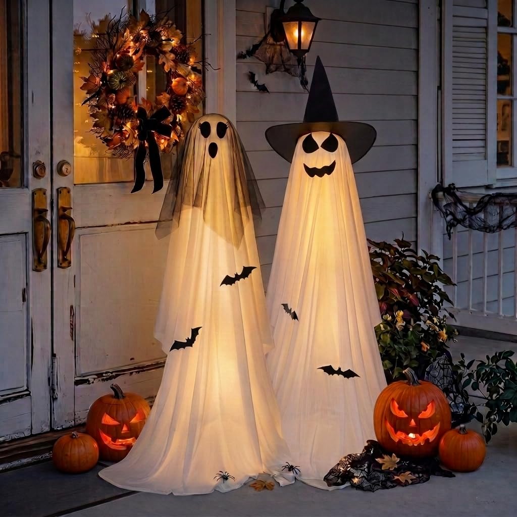 Minetom 2 Pack 5 FT Halloween Ghost Decorations Light Up Ghosts Outdoor | 8 Modes with Remote & Timer, Waterproof Battery Box