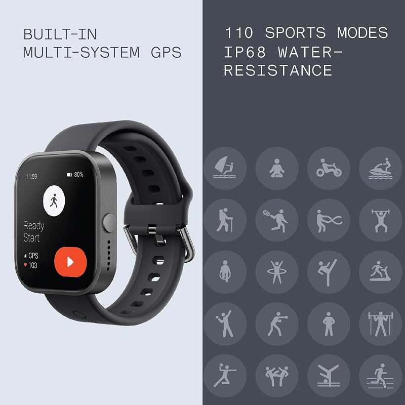 Watch Pro Smartwatch with 1.96 AMOLED display, Fitness Tracker, Built-in multi-system GPS, Bluetooth calling with AI noise reduction and up to 13 days of usage - Dark Grey