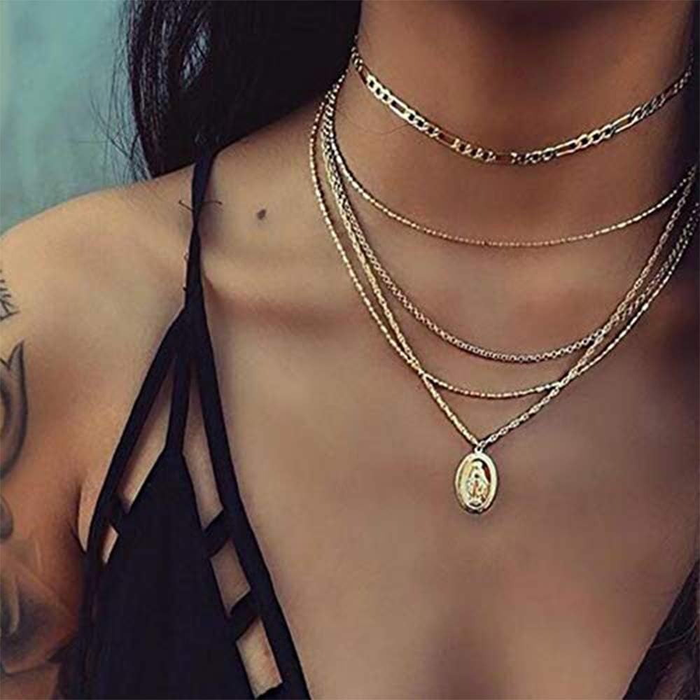 Anglacesmade Bohemia Layered Choker Necklace Saint Mary Necklace Silver Choker Coin Necklace Medallion Pendant Necklace Multi-layer Religious Jewelry for Women and Girls(Silver)