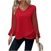 winkbay Women's Swiss Dots Ruffle Bell Sleeve Tops Elegant V Neck Asymmetrical Mesh Evening Party Blouses