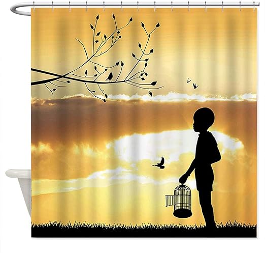 Amazon Com Nature Custom Shower Curtain Little Child Silhouette With A Bird Cage At Sunset In Forest Rural Trees Birds Waterproof Cloth Fabric Bathroom Decor 48 W X 84 L Marigold Black Home