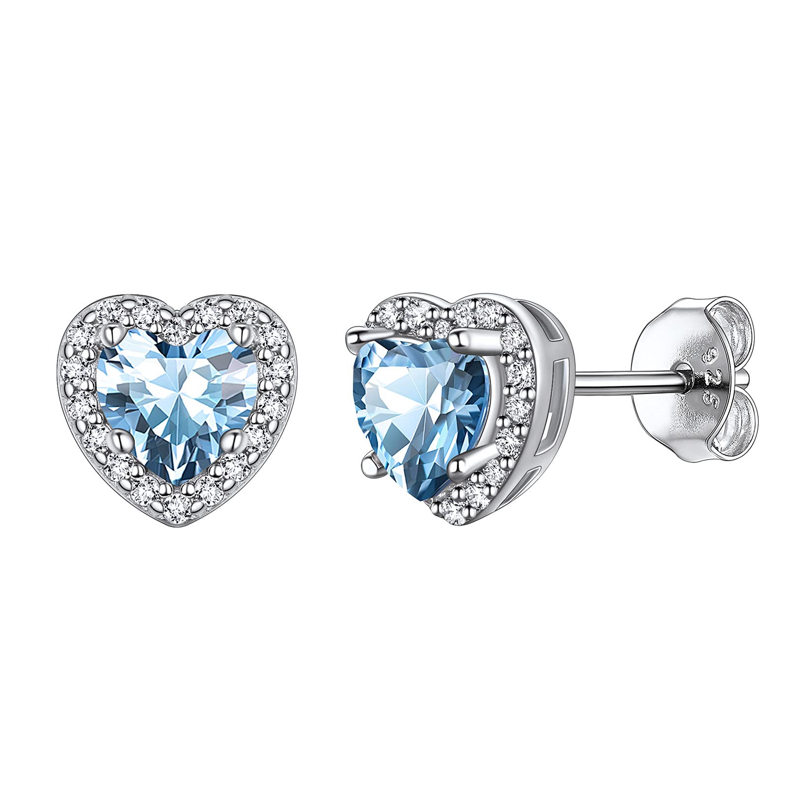925 Sterling Silver Heart Brilliant Cut Cubic Zirconia CZ Halo Stud Earrings for Women Girls Tiny Cute Comfy Simulated Blue Aquamarine March Birthstone Hypoallergenic Wedding Bridesmaid Earrings