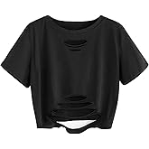 LovelyWholesale Womens Cut Out Cropped T Shirts Casaul Ripped Short Sleeve Crop Top