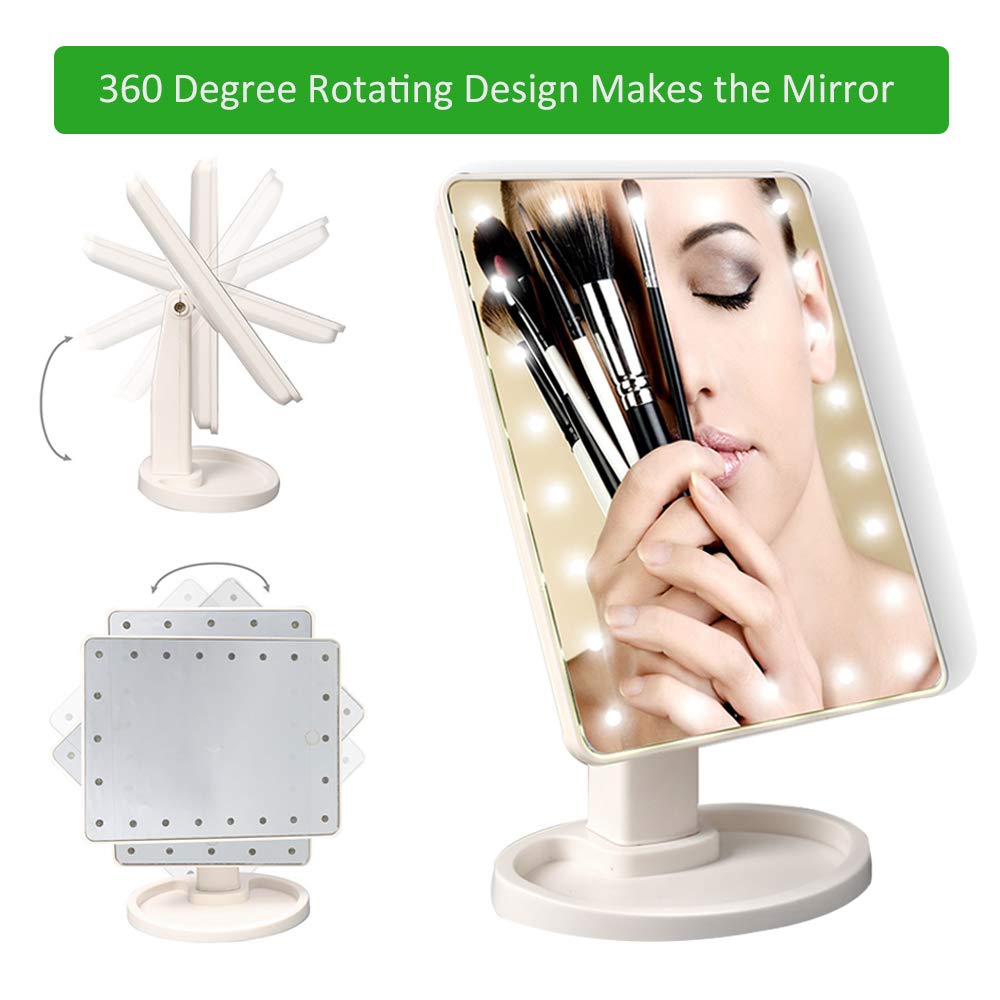 Quiklet LED Lighted Makeup Mirror 22 LED Vanity Mirror Touch Screen Light Adjustable Dimmable Daul Power Supply, Detachable 10X Magnification Spot Mirror, White