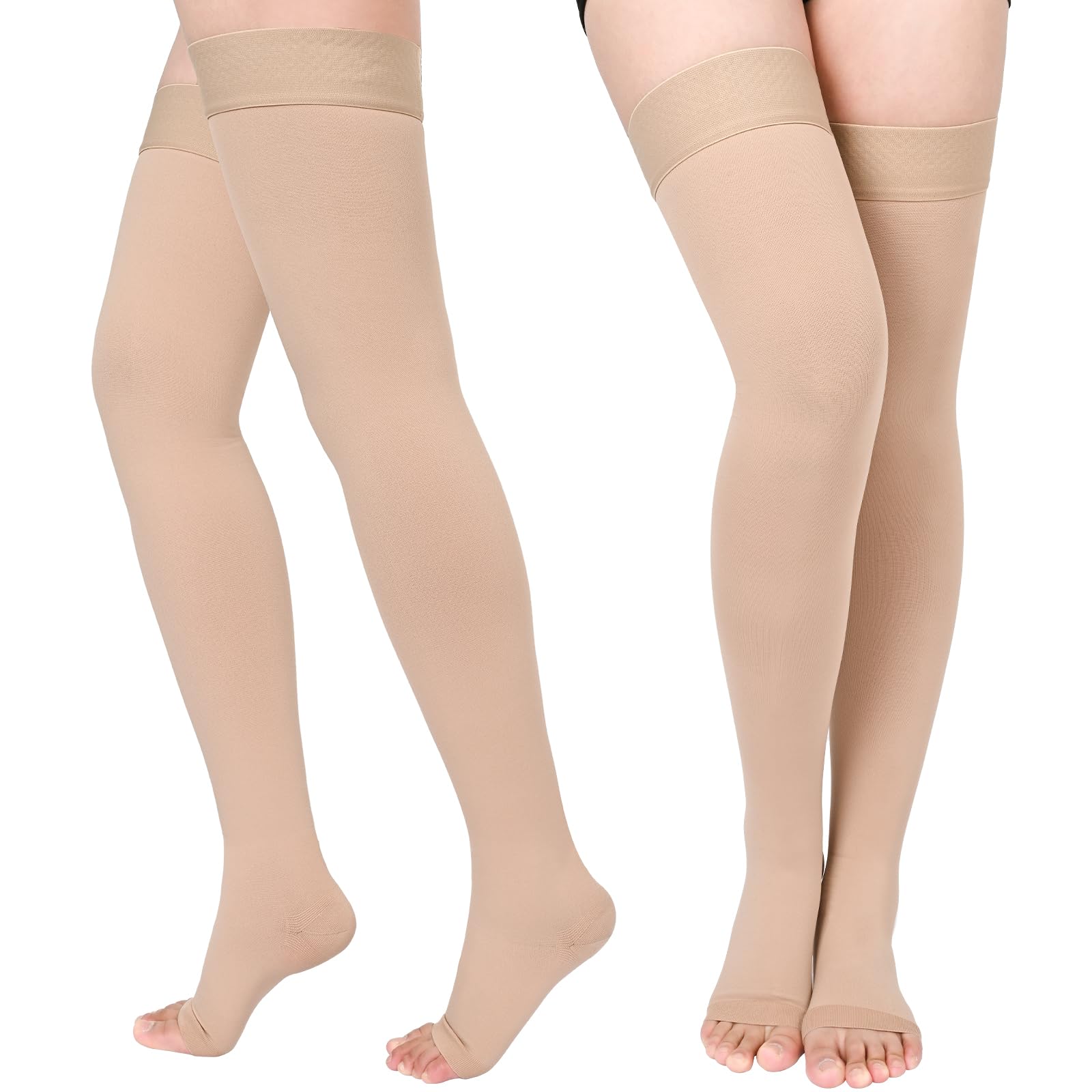 Photo 1 of 2 Pairs Compression Stockings for Women & Men, Thigh High Length 15-20mmHg Graduated Compression Socks for Nursing Sports Varicose Veins, Dot Top, Open Toe, Beige,XL