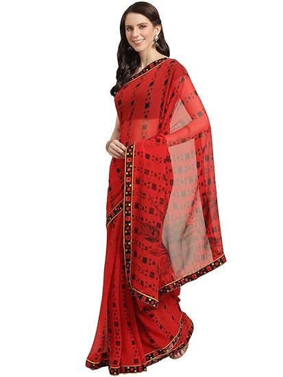 SHAILY Womens Georgette Abstract Print with Lace Border Saree