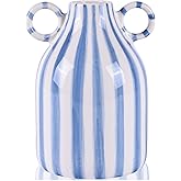 Blue and White Ceramic Vase with Handle, Nordic Boho Small Vases Side Table Flower Centerpiece, Wide Mouth Single Flower Vase Pampas Grass Decorative - for Home Window Sill Living Dining Room Kitchen