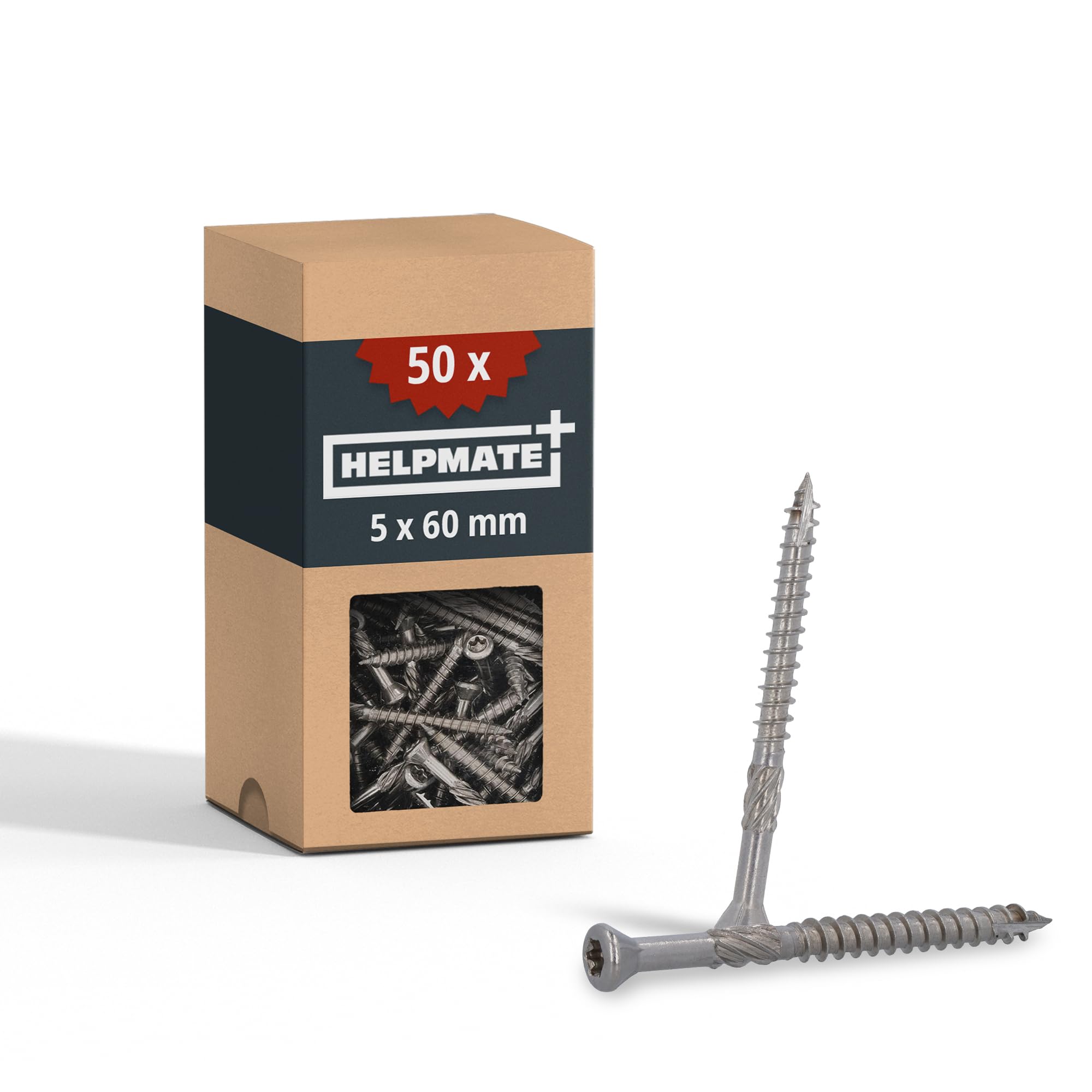 HELPMATE Set of 50 deck screws 5 x 60, made of A2 stainless steel, with 1 T25 bit, screws for deck boards, for outdoor use (construction of decks, garden sheds, wooden structures)