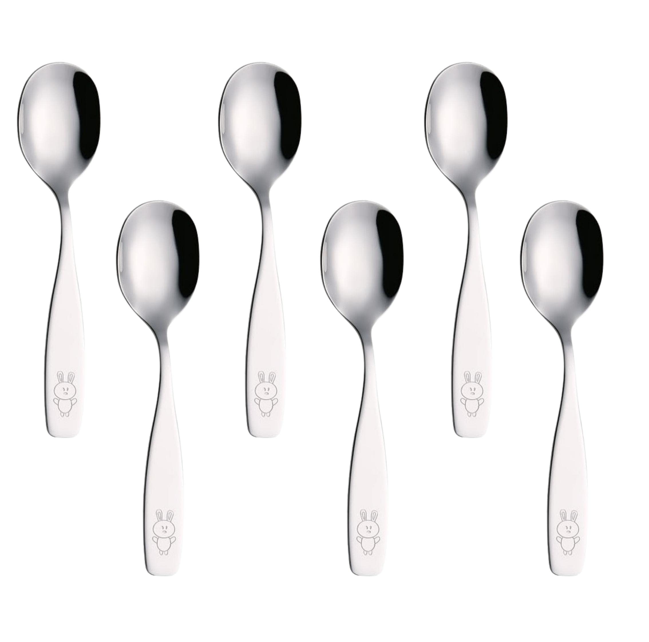 Exzact 6pcs Kids Spoons Children's Cutlery Stainless Steel - Dishwasher Safe - 6 x Dinner Spoons - Bunny Engraved - 24 Months+