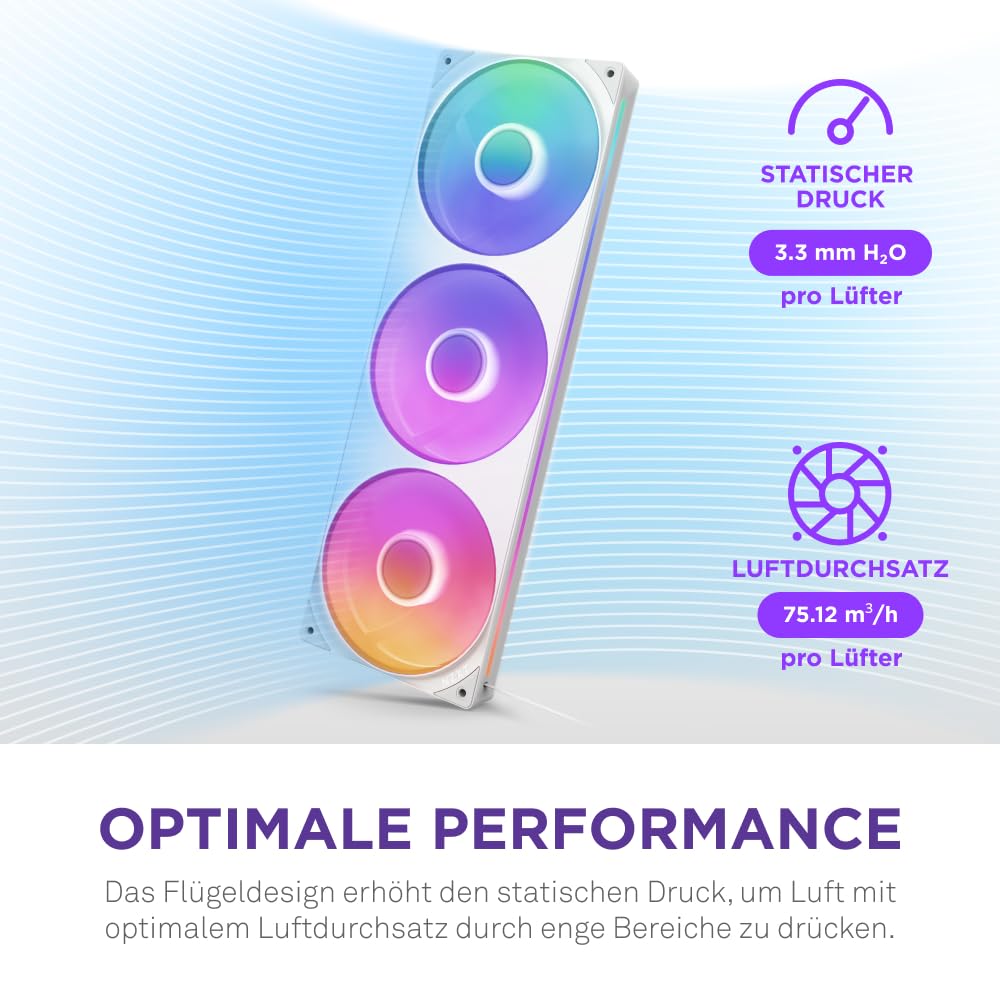 NZXT F360 RGB Core - 360 mm Einzelrahmen-Lüftereinheit mit 3 x 120 mm RGB-Lüftern - Drehzahl- und Beleuchtungssteuerung - Hoher statischer Druck und Luftstrom - 8 aRGB-LEDs pro Lüfter - Weiß 4