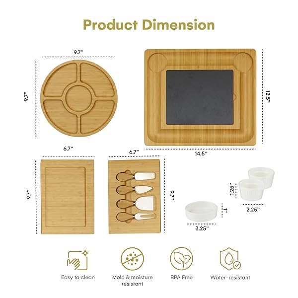 CHARCUTERIE BOARD GIFT SET, EXPANDABLE BAMBOO CHEESE BOARD WITH STAINLESS STEEL SERVING UTENSILS, CERAMIC BOWLS, APPETIZER AND SERVING TRAYS, UTENSIL TRAYS – HOUSEWARMING 2 DRAWERS